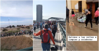 Copertina di Scope, cibo e acqua: migliaia di persone raggiungono le aree alluvionate di Valencia per aiutare le persone in difficoltà – Video