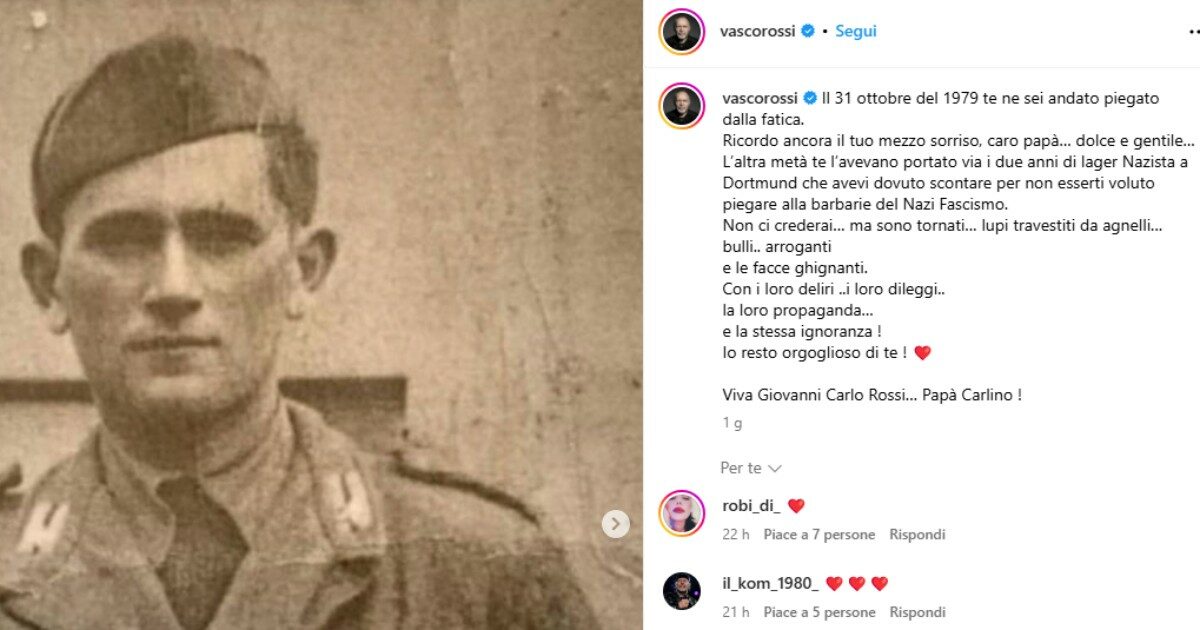 Vasco Rossi ricorda l’anniversario della morte del padre e attacca i nazifascisti: “Non ci crederai ma sono tornati”