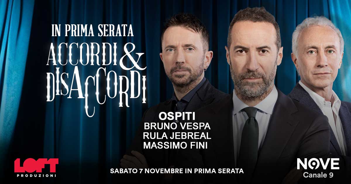 Vespa, Jebreal e Fini ospiti di Luca Sommi ad Accordi&Disaccordi sabato 9 novembre alle 21.30 su Nove. Con Travaglio e Scanzi