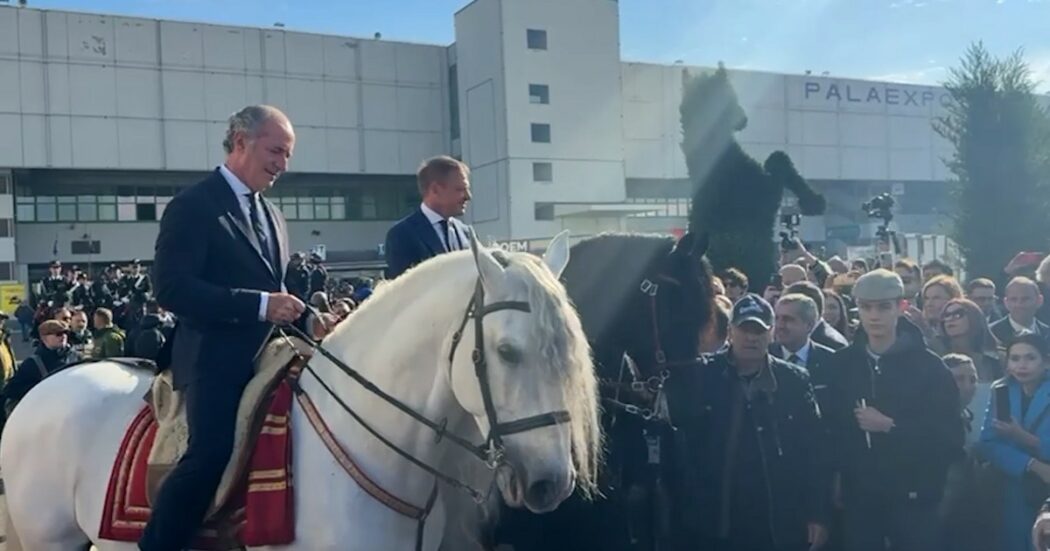 Lollobrigida e Zaia salgono in sella a due cavalli: la posa davanti ai fotografi alla Fieracavalli di Verona – Video