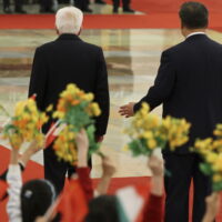 epa11709491 Chinese President Xi Jinping (R) and Italian President Sergio Mattarella (L) attend a welcoming ceremony at the Great Hall of the People in Beijing, China, 08 November 2024. Italian President Sergio Mattarella is on a state visit to China from 07 to 12 November 2024.  EPA/FLORENCE LO / POOL