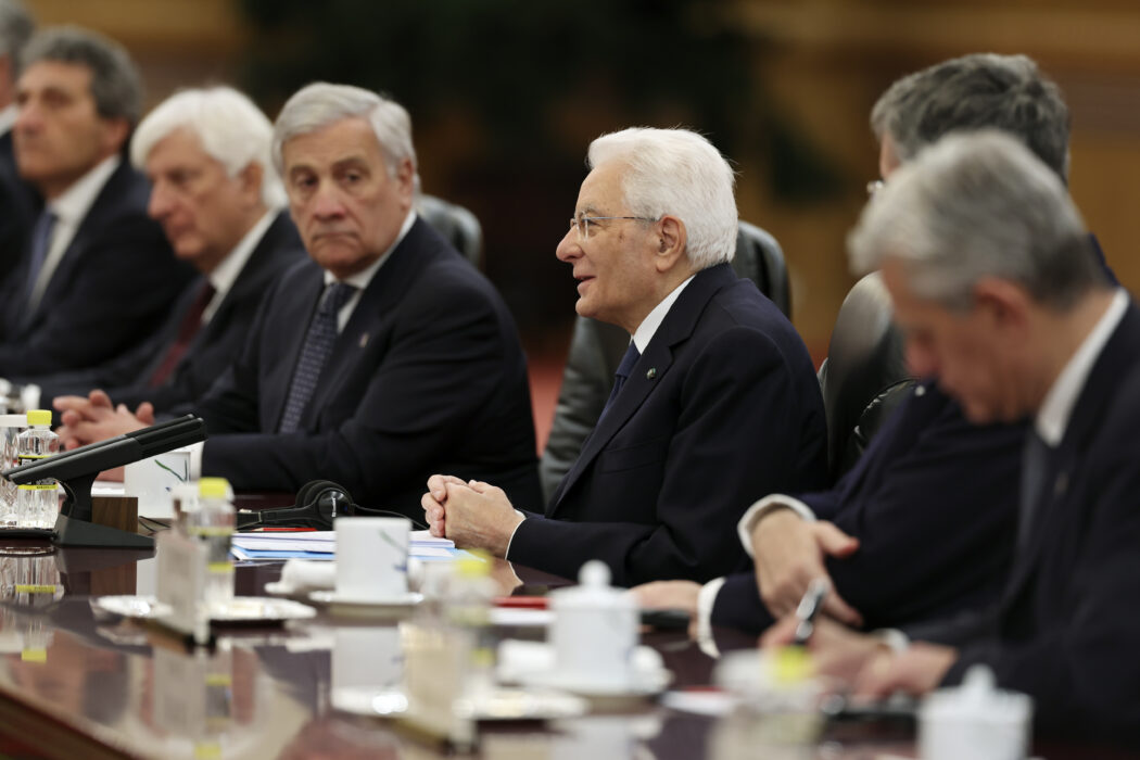 Italian President Sergio Mattarella attends a meeting with Chinese President Xi Jinping, not pictured, at the Great Hall of the People in Beijing, Friday, Nov. 8, 2024. (Florence Lo/Pool Photo via AP)