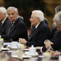 Italian President Sergio Mattarella attends a meeting with Chinese President Xi Jinping, not pictured, at the Great Hall of the People in Beijing, Friday, Nov. 8, 2024. (Florence Lo/Pool Photo via AP)