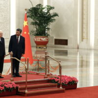 epa11709793 Chinese President Xi Jinping (R) and Italian President Sergio Mattarella (L) attend a welcome ceremony at the Great Hall of the People in Beijing, China, 08 November 2024. Italian President Sergio Mattarella is on a state visit to China from 07 to 12 November 2024.  EPA/FLORENCE LO / POOL