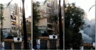 Copertina di L’esercito israeliano diffonde il video del crollo di un edifico a Beirut: centrato da un missile il palazzo collassa (video)