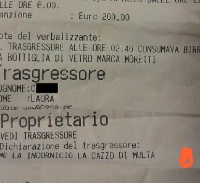 “Me la incornicio la caz*o di multa”: riceve una sanzione da 200 euro per una birra, la risposta diventa virale. Poi lancia una raccolta fondi per pagarla