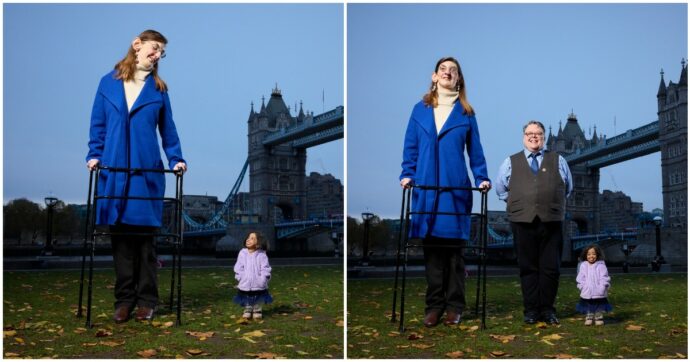 Copertina di La donna più alta del mondo (2,15 metri) incontra quella più bassa (63 cm): “A volte è stato difficile guardarci negli occhi”. L’incontro da Guinness World Record