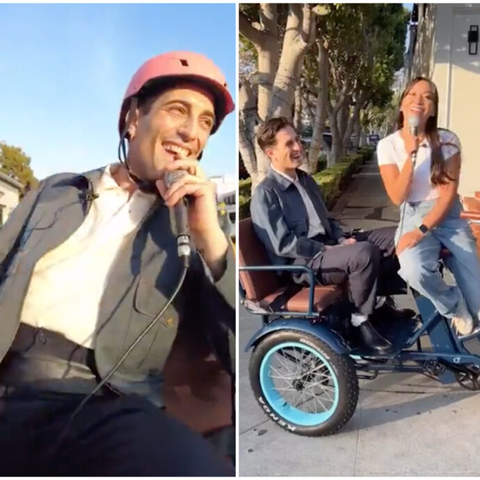 Damiano David dei Maneskin e il karaoke improvvisato su una bici elettrica a tre ruote a Los Angeles – VIDEO