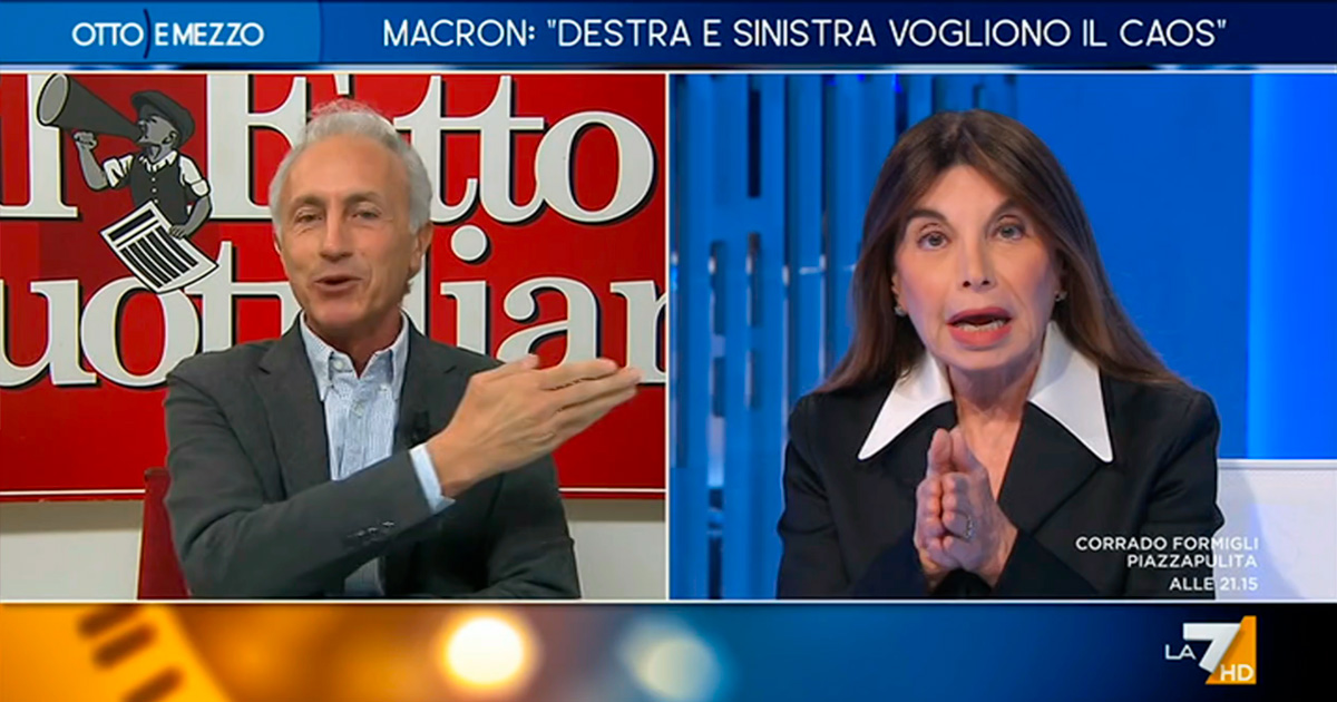 Lite Sattanino Travaglio a La7. “Senza Macron la Francia crolla”. “Il debito da 3mila miliardi è colpa di Mélenchon o di chi è al potere da 7 anni?”