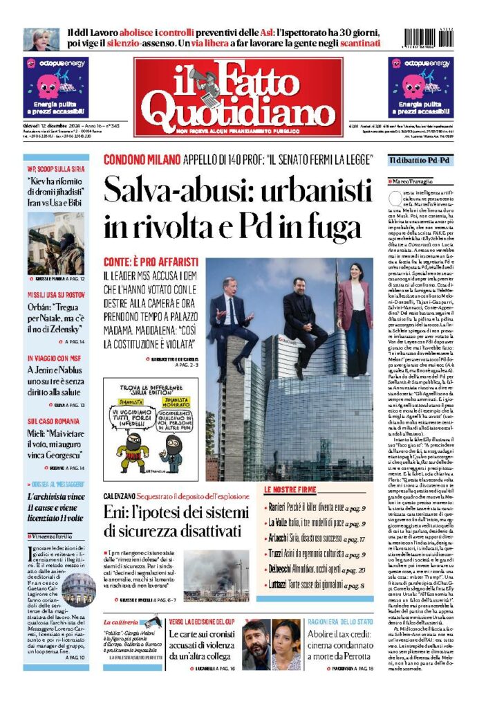 Copertina de Il Fatto Quotidiano di Gio 12 Dicembre 2024
