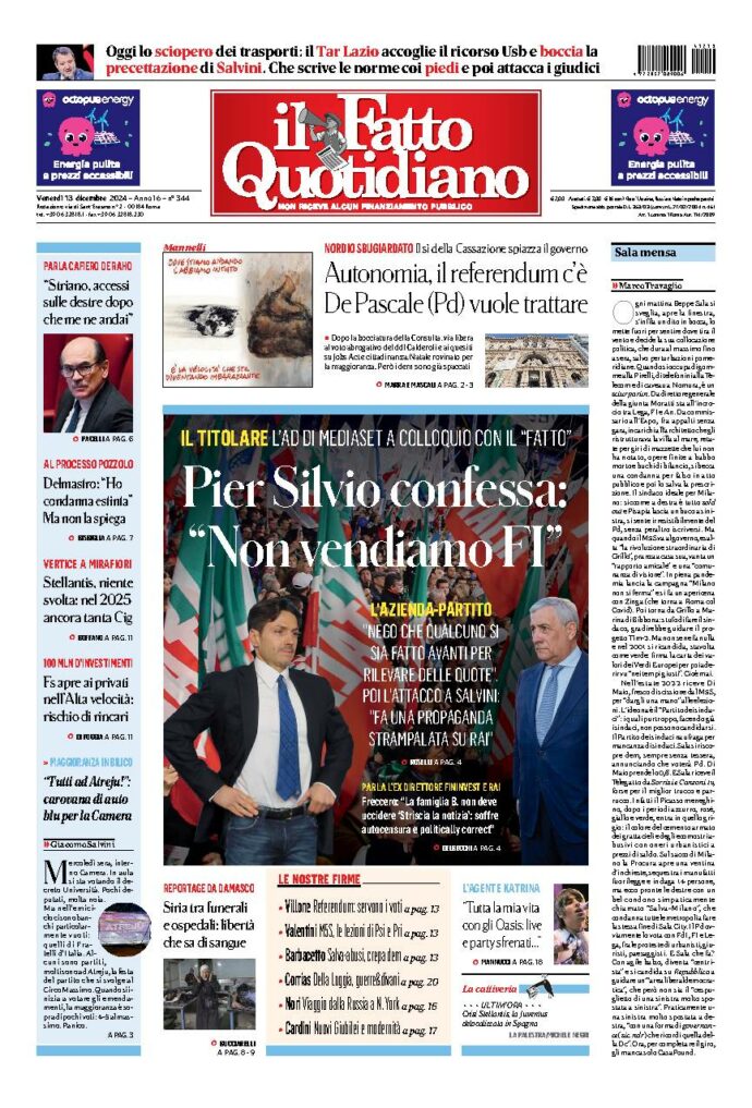 Copertina de Il Fatto Quotidiano di Ven 13 Dicembre 2024