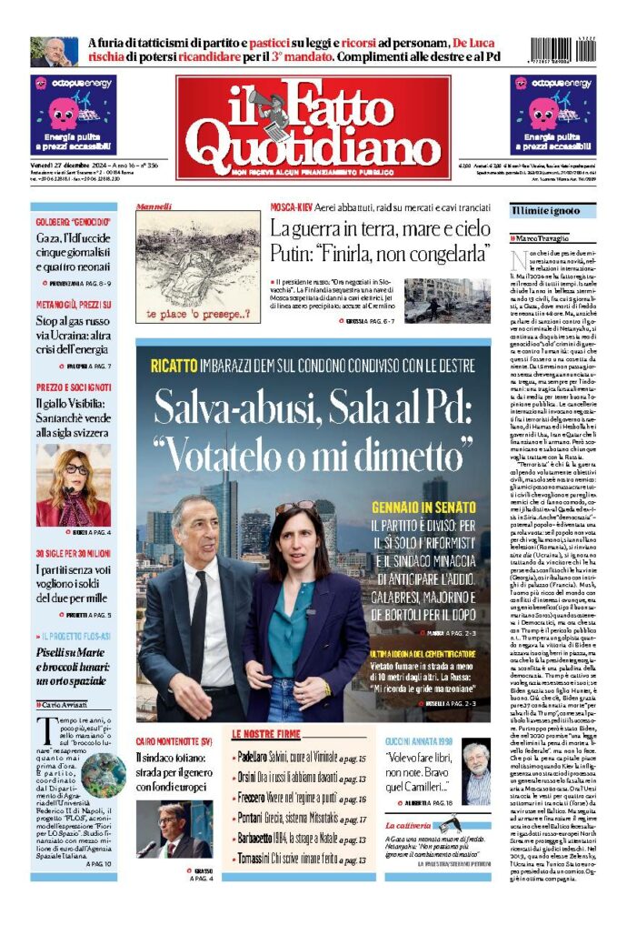 Copertina de Il Fatto Quotidiano di Ven 27 Dicembre 2024