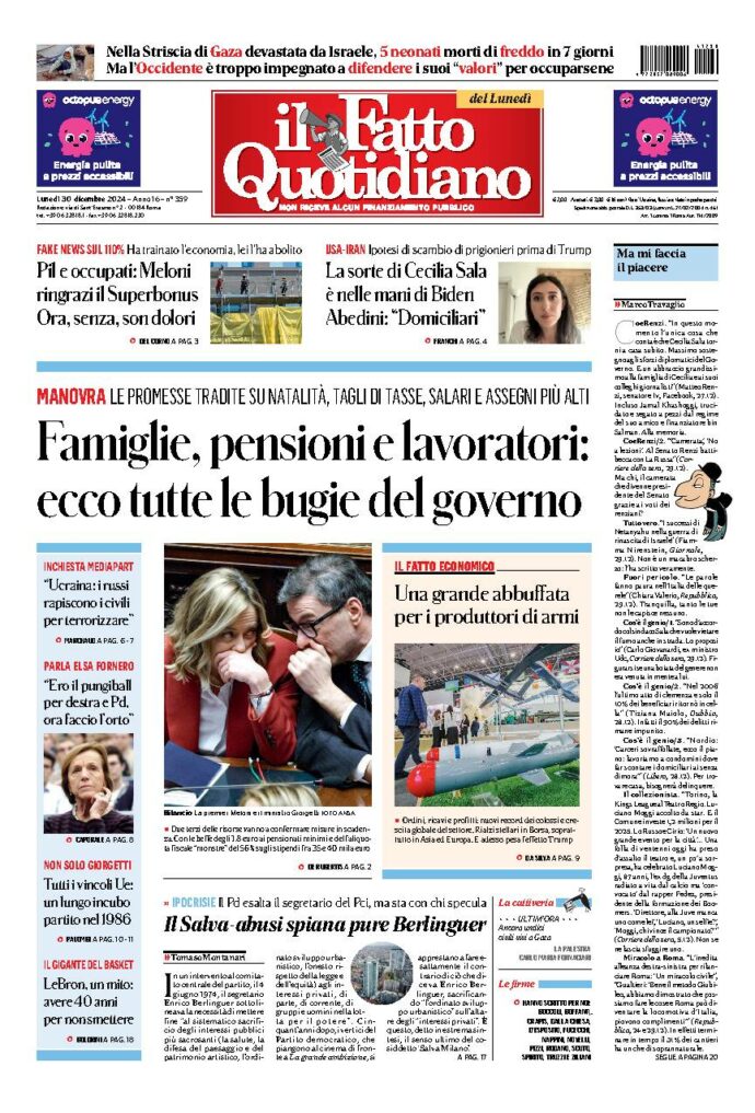 Copertina de Il Fatto Quotidiano di Lun 30 Dicembre 2024