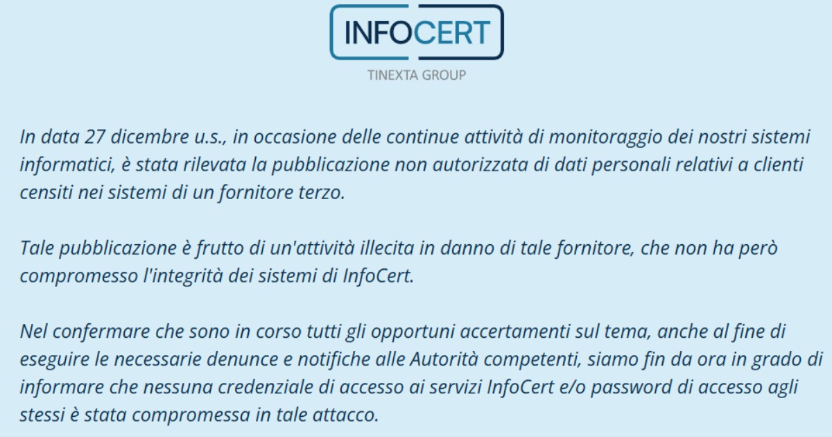 Copertina di Infocert attaccata dagli hacker: sottratti i dati di milioni di clienti. La società che fornisce lo Spid: “Nessuna credenziale compromessa”