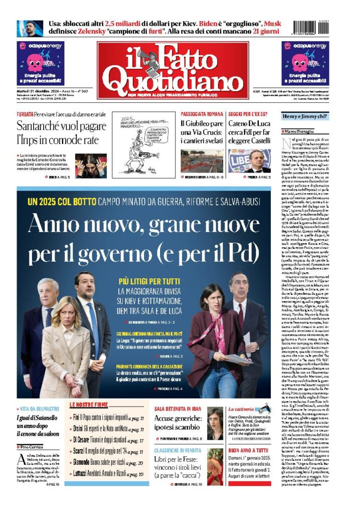 Copertina de Il Fatto Quotidiano di Mar 31 Dicembre 2024