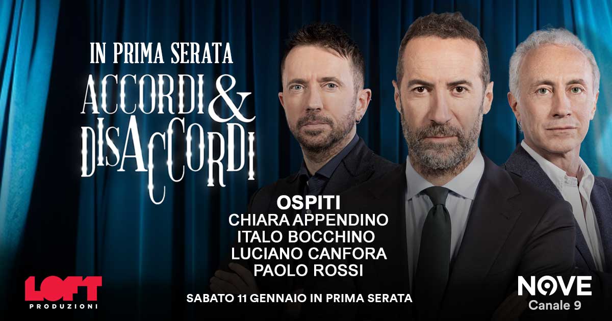 Bocchino, Appendino, Rossi e Canfora ospiti di Luca Sommi ad Accordi&Disaccordi l’11 gennaio alle 21.30 su Nove. Con Travaglio e Scanzi