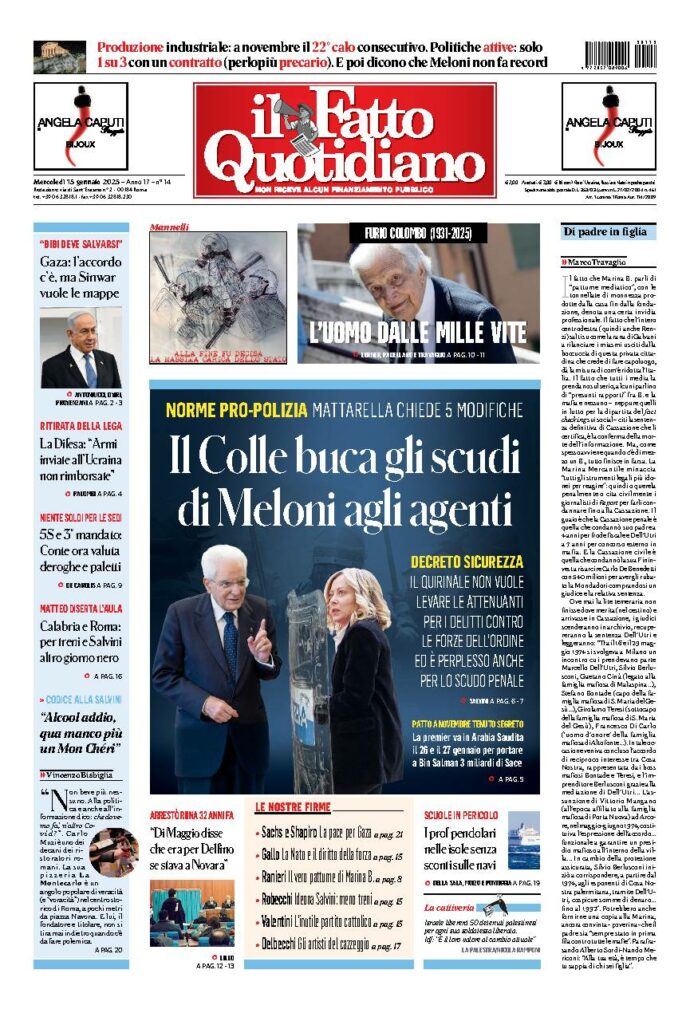 Copertina de Il Fatto Quotidiano di Mer 15 Gennaio 2025