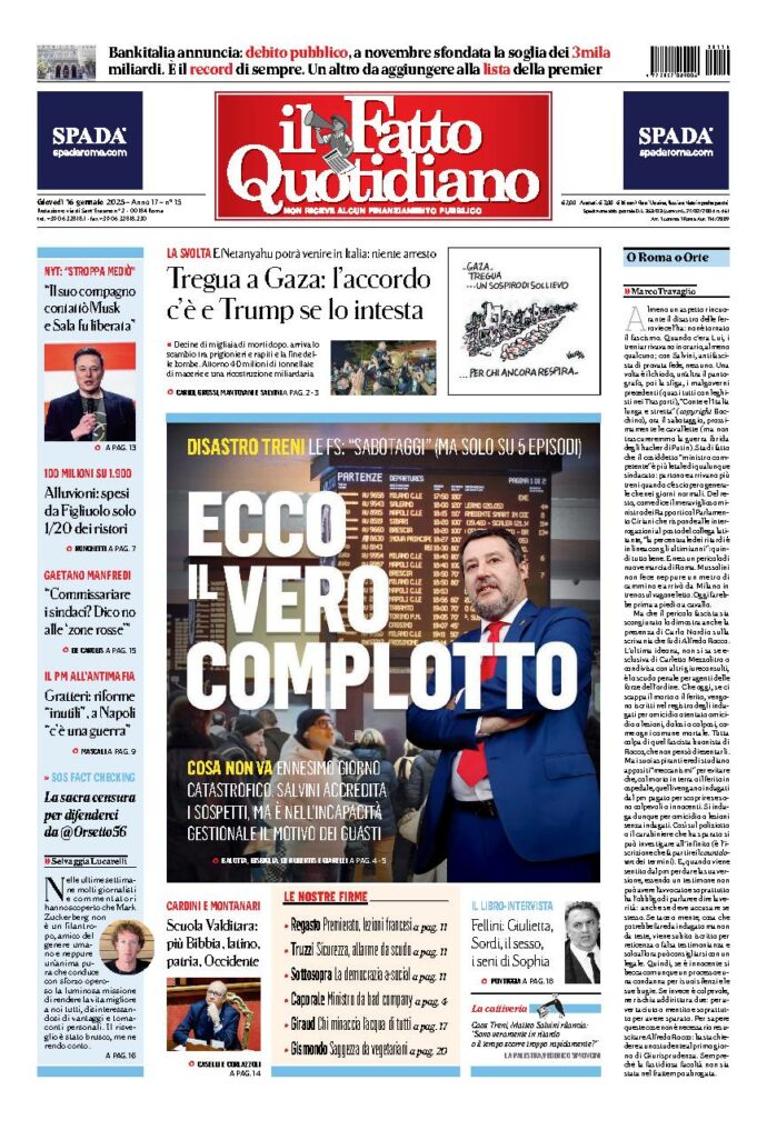 Copertina de Il Fatto Quotidiano di Gio 16 Gennaio 2025