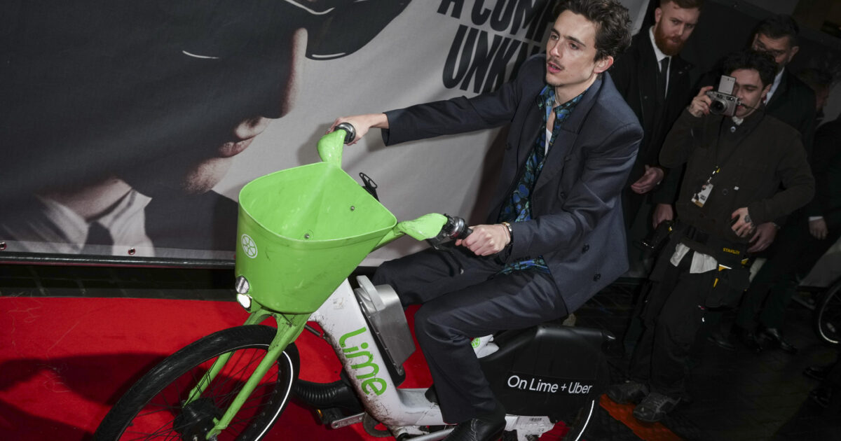 Timothée Chalamet sul red carpet con la bici elettrica a noleggio: multato