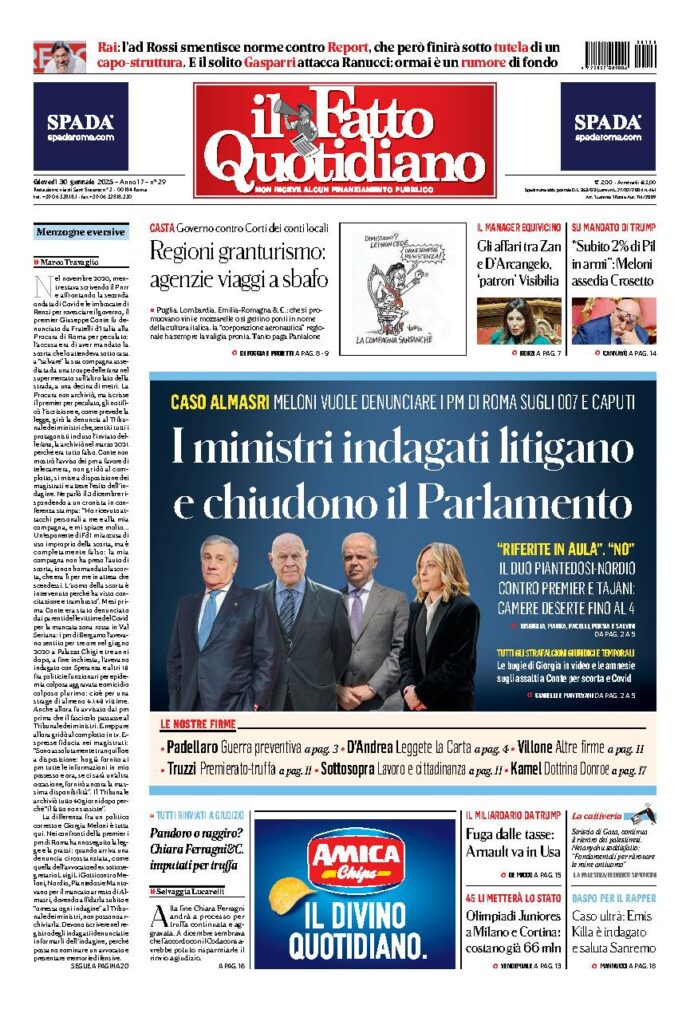 Copertina de Il Fatto Quotidiano di Gio 30 Gennaio 2025