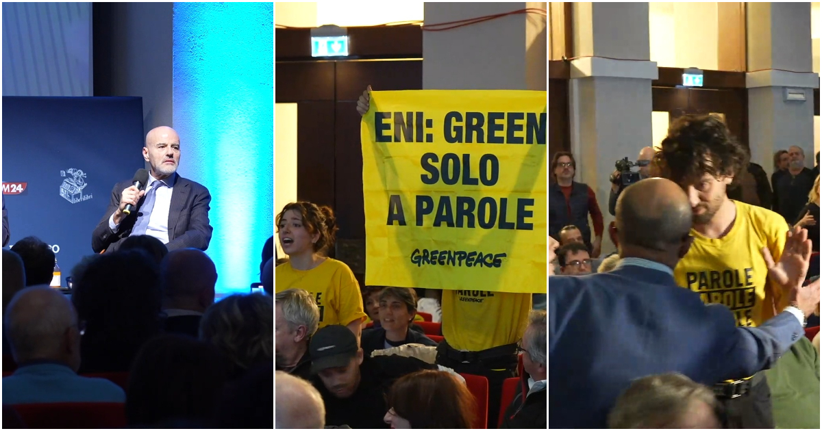 Descalzi (Eni) interrotto e contestato da attivisti di Greenpeace a Milano: “Green solo a parole”. Tensione in sala – Video