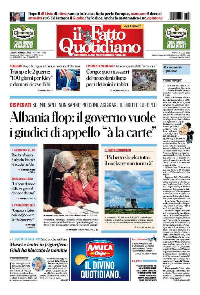 Copertina de Il Fatto Quotidiano di Lun 3 Febbraio 2025