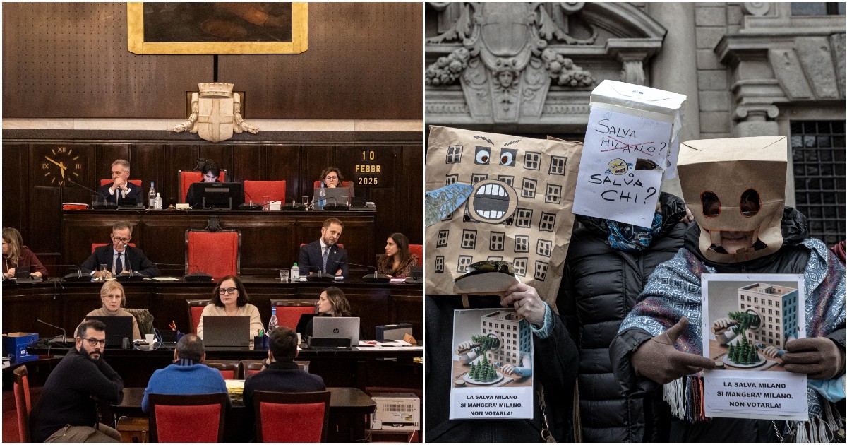 Sul Salva Milano il centrosinistra si spacca in Comune. Contestazione fuori da Palazzo Marino: “Salviamo l’Italia dal cemento”