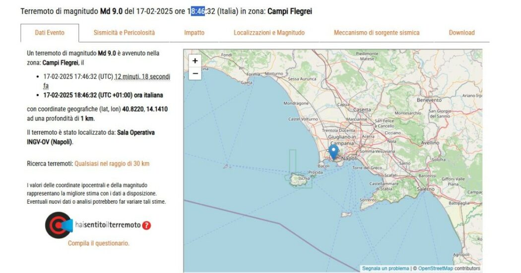 “Terremoto ai Campi Flegrei di magnitudo 9”: l’errore dell’Ingv fa tremare la Rete