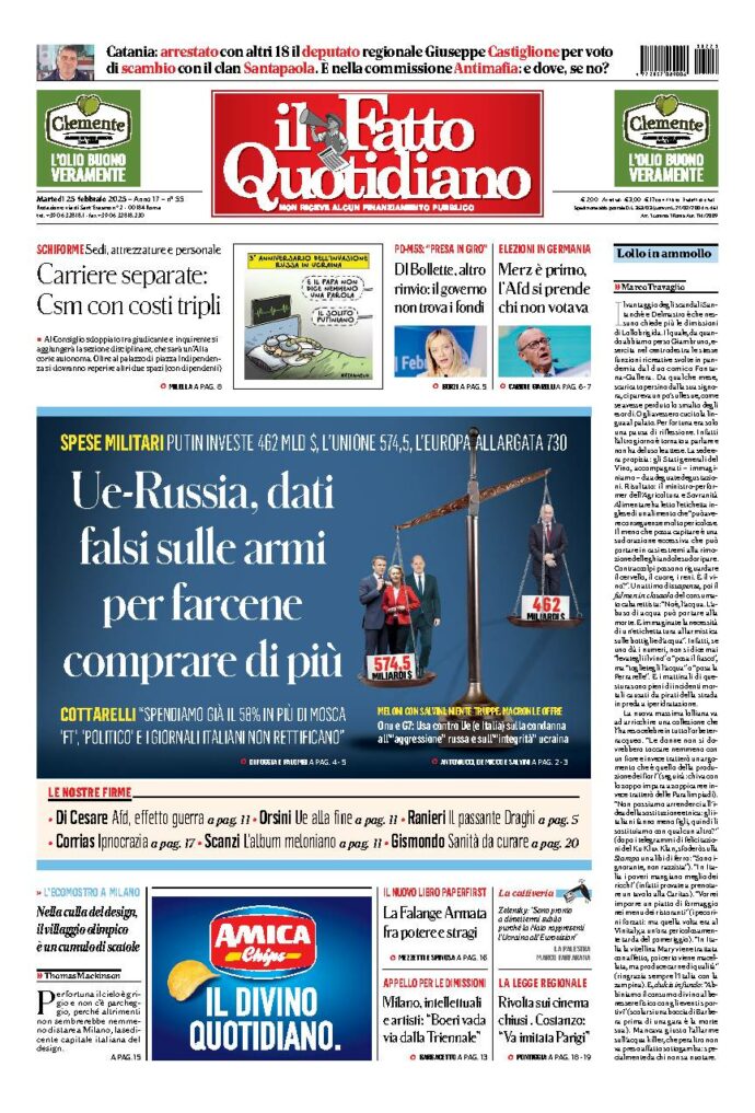 Copertina de Il Fatto Quotidiano di Mar 25 Febbraio 2025