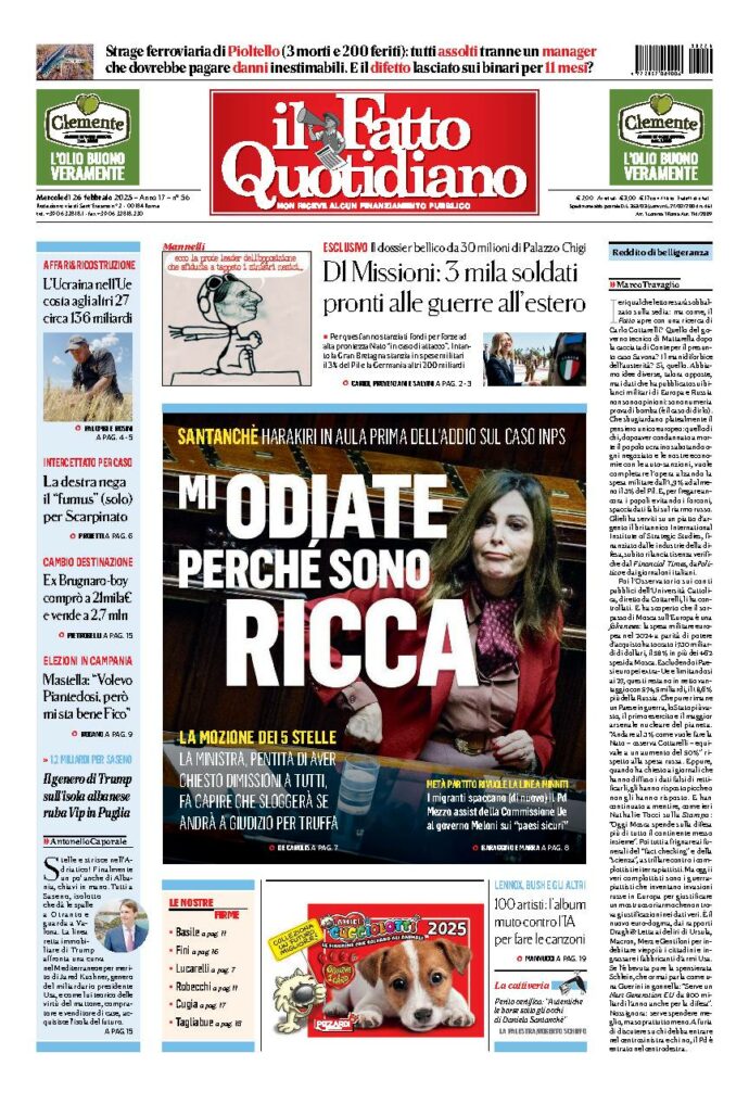 Copertina de Il Fatto Quotidiano di Mer 26 Febbraio 2025