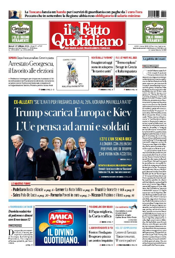 Copertina de Il Fatto Quotidiano di Gio 27 Febbraio 2025