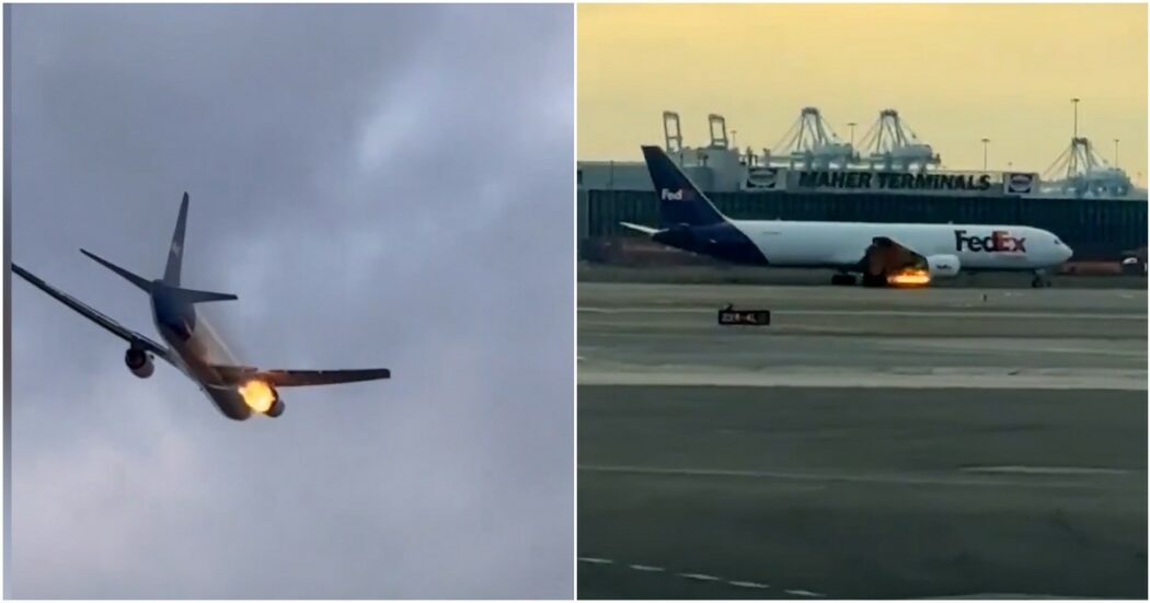 Il motore prende fuoco, l’aereo è costretto ad atterrare a Newark: le spaventose immagini dal New Jersey (video)