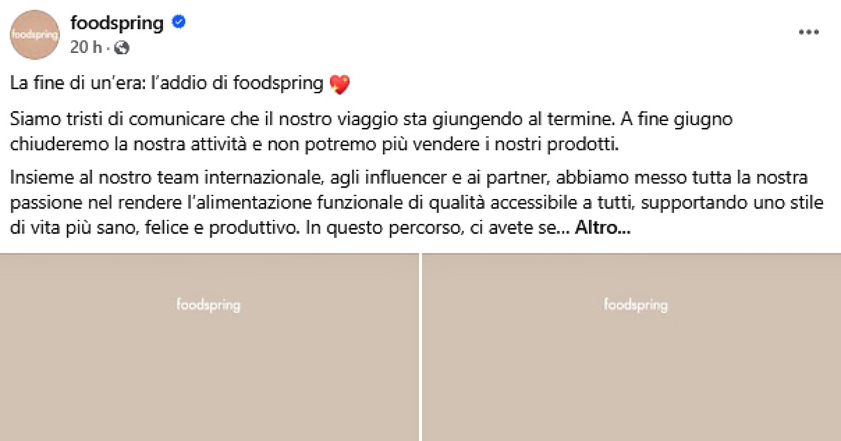 Chiude Foodspring, il post su Facebook: “Non potremo più vendere i nostri prodotti”