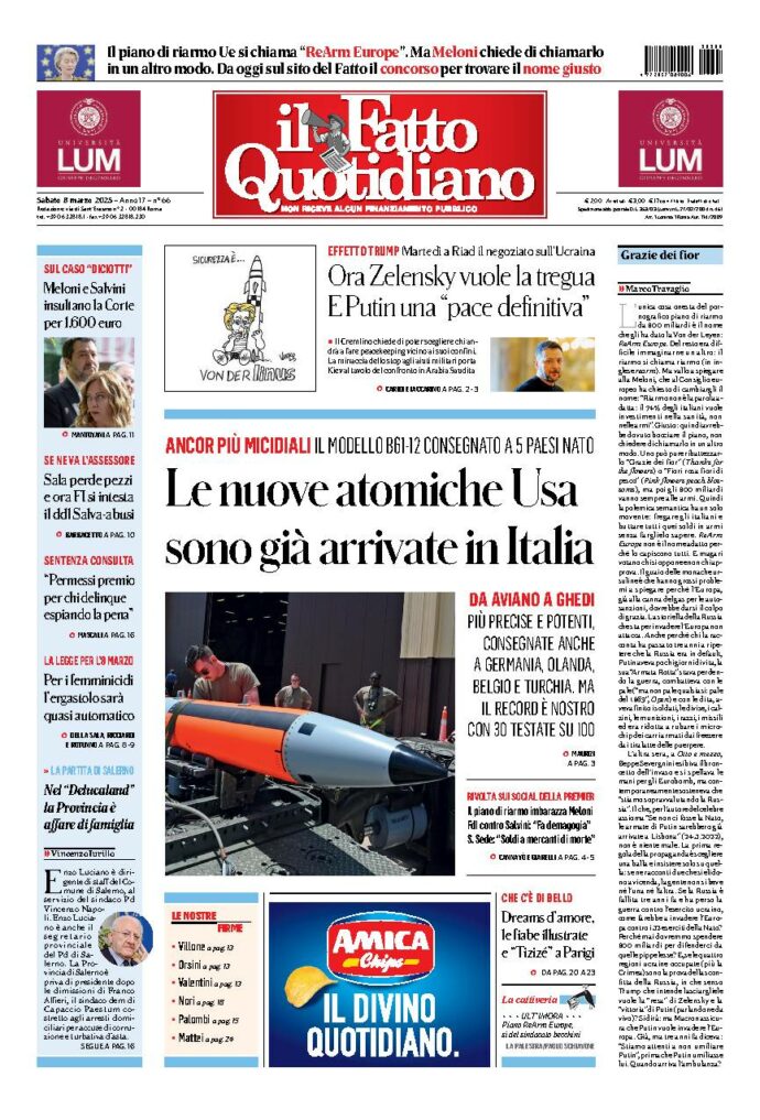 Copertina de Il Fatto Quotidiano di Sab 8 Marzo 2025