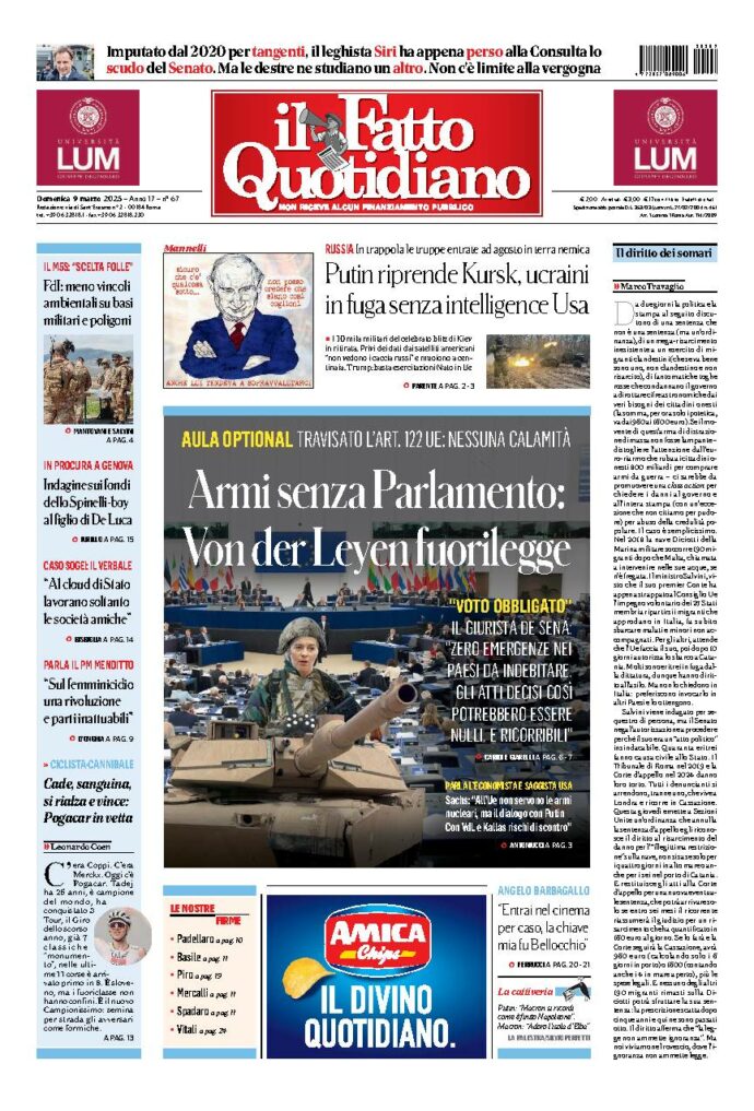 Copertina de Il Fatto Quotidiano di Dom 9 Marzo 2025
