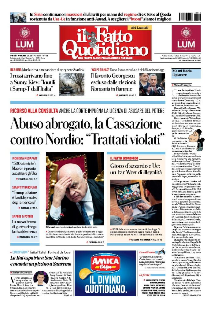 Copertina de Il Fatto Quotidiano di Lun 10 Marzo 2025