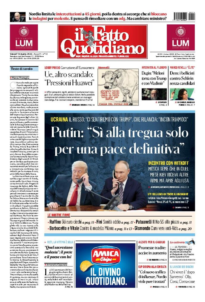 Copertina de Il Fatto Quotidiano di Ven 14 Marzo 2025