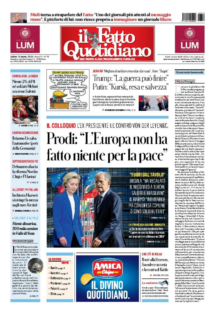 Copertina de Il Fatto Quotidiano di Sab 15 Marzo 2025