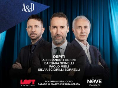 Copertina di Spinelli, Orsini, Mieli e Sciorilli Borrelli ospiti di Luca Sommi ad Accordi&Disaccordi su Nove il 29 marzo. Con Travaglio e Scanzi