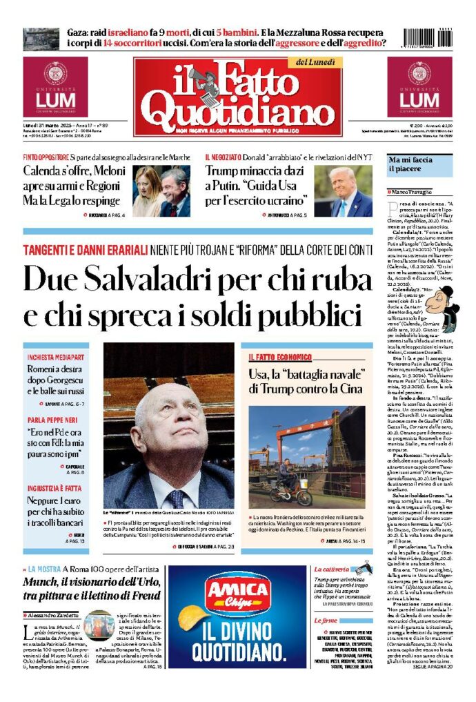 Copertina de Il Fatto Quotidiano di Lun 31 Marzo 2025