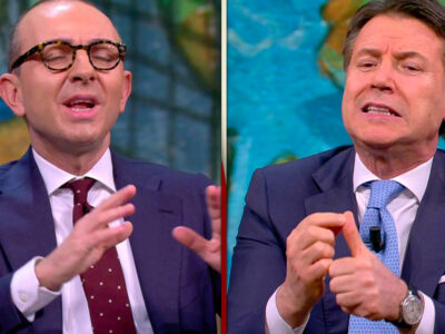 Copertina di Conte a La7: “Il partito trasversale delle armi ha completamente fallito”. Scontro con De Angelis