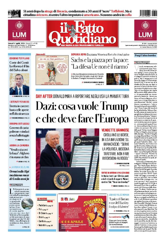 Copertina de Il Fatto Quotidiano di Ven 4 Aprile 2025