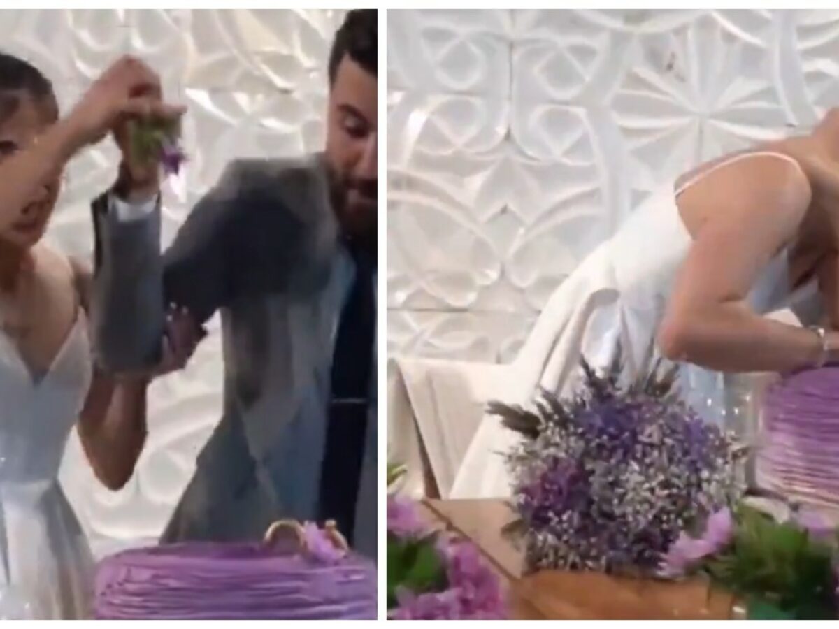Prende la testa della sposa e la spinge contro la torta nuziale, il video è virale e i commentatori infuriati: “Umiliare qualcuno non è divertente”