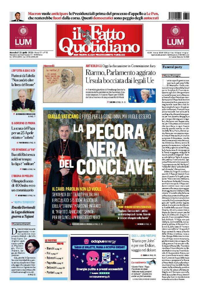 Copertina de Il Fatto Quotidiano di Mer 23 Aprile 2025