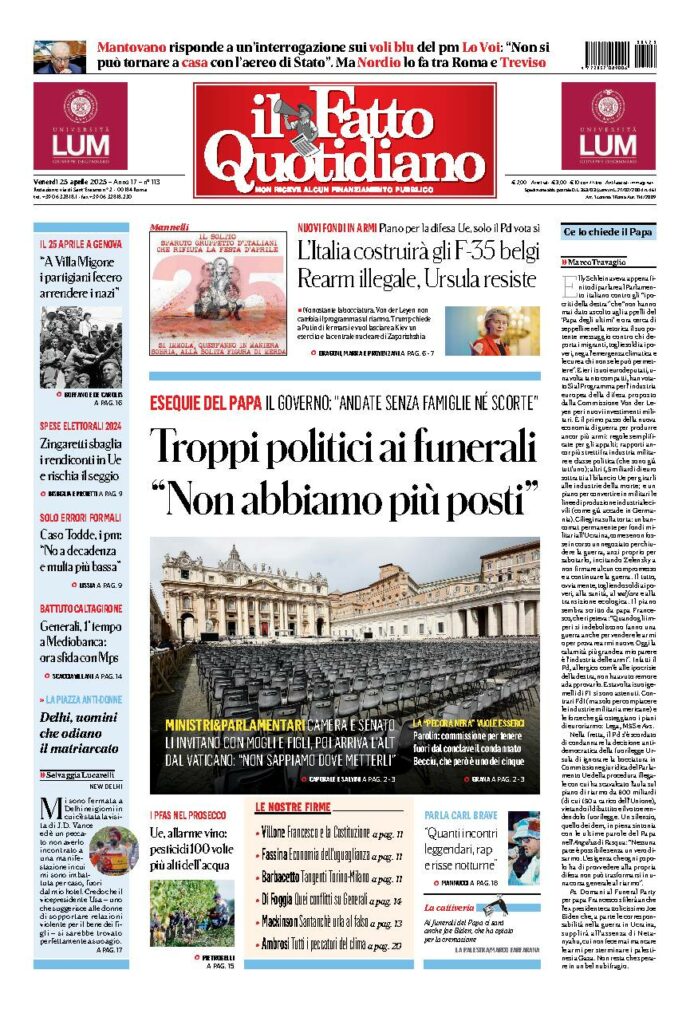Copertina de Il Fatto Quotidiano di Ven 25 Aprile 2025