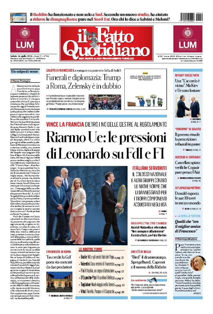 Copertina de Il Fatto Quotidiano di Sab 26 Aprile 2025