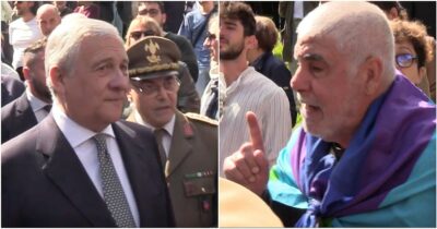 Copertina di Tajani alle Fosse Ardeatine, un uomo lo ferma: “Lei qui grazie ai partigiani, canti con noi”. Il ministro va via
