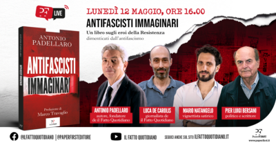 Copertina di Antifascisti immaginari. Antonio Padellaro dialoga con Pier Luigi Bersani, Mario Natangelo e Luca De Carolis