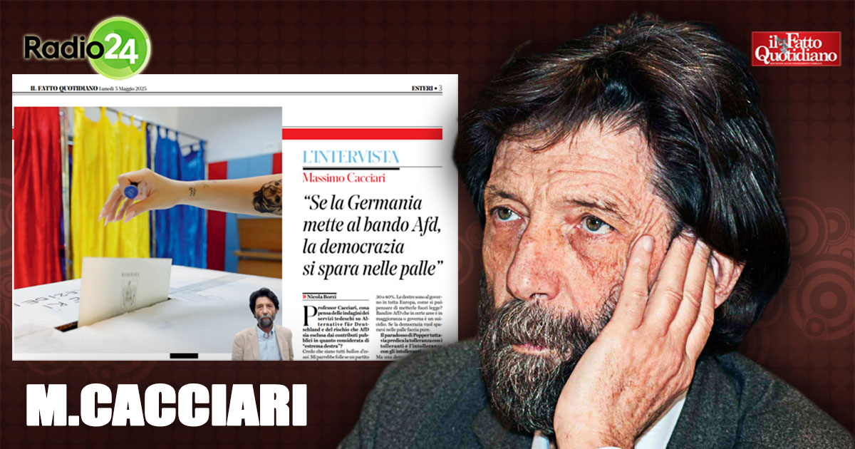 Cacciari: “La sinistra grida contro le destre, ma poi non fa un piffero di niente. Ipocriti” Cacciari: “La sinistra grida contro le destre, ma poi non fa un piffero di niente. Ipocriti”