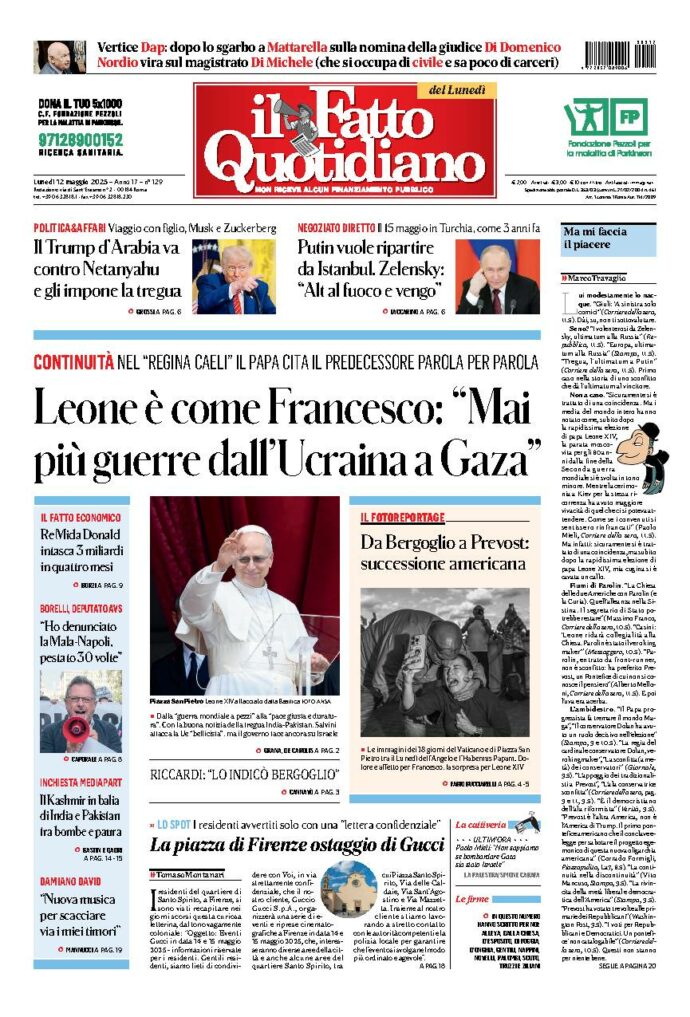 Copertina de Il Fatto Quotidiano di Lun 12 Maggio 2025